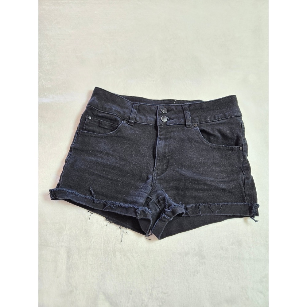 Refuge Black Denim Shorts Womens 6 High Rise Raw Hem Stretch Double Button Zip
